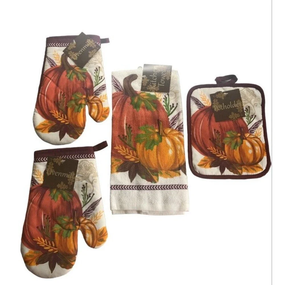 Pumpkin Kitchen Dish Towel Oven Mitts Potholder Thanksgiving Autumn Set of 4